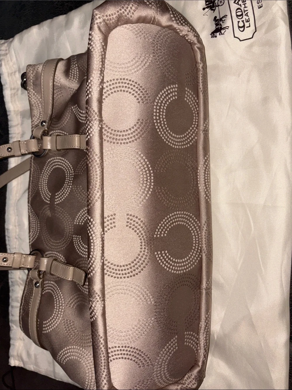 Coach Satin Circle Pattern Shoulder Bag in Taupe